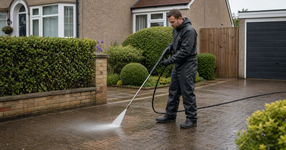 Professional cleaning a residential driveway with a pressure washer