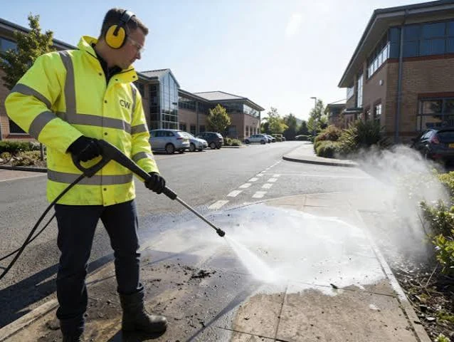 Outdoor pavement being cleaned with a jet washer