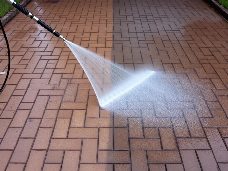 Pressure washer spraying water onto block paving